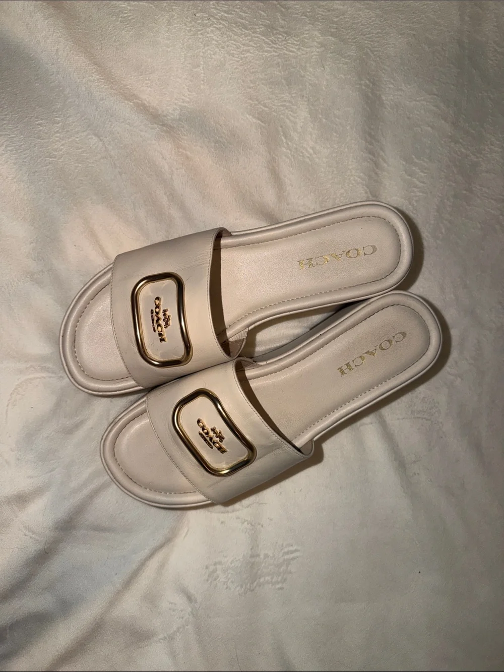 Coach Cream platform  Mules with Gold Logo Plaque